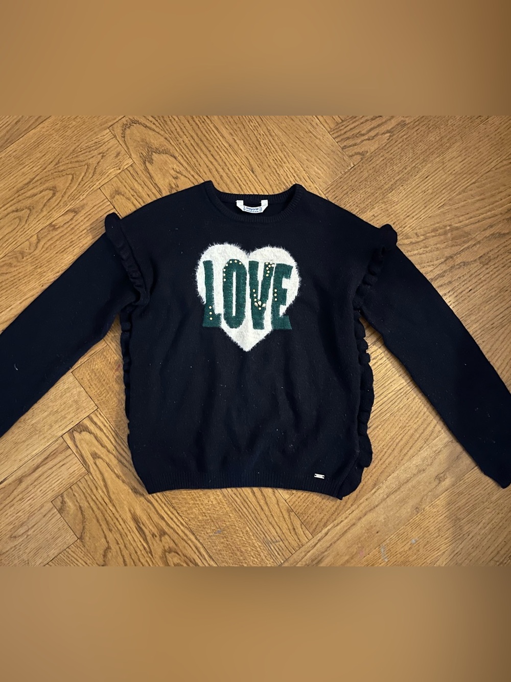 Mayoral Black Crewneck Sweater with White Heart and Green LOVE